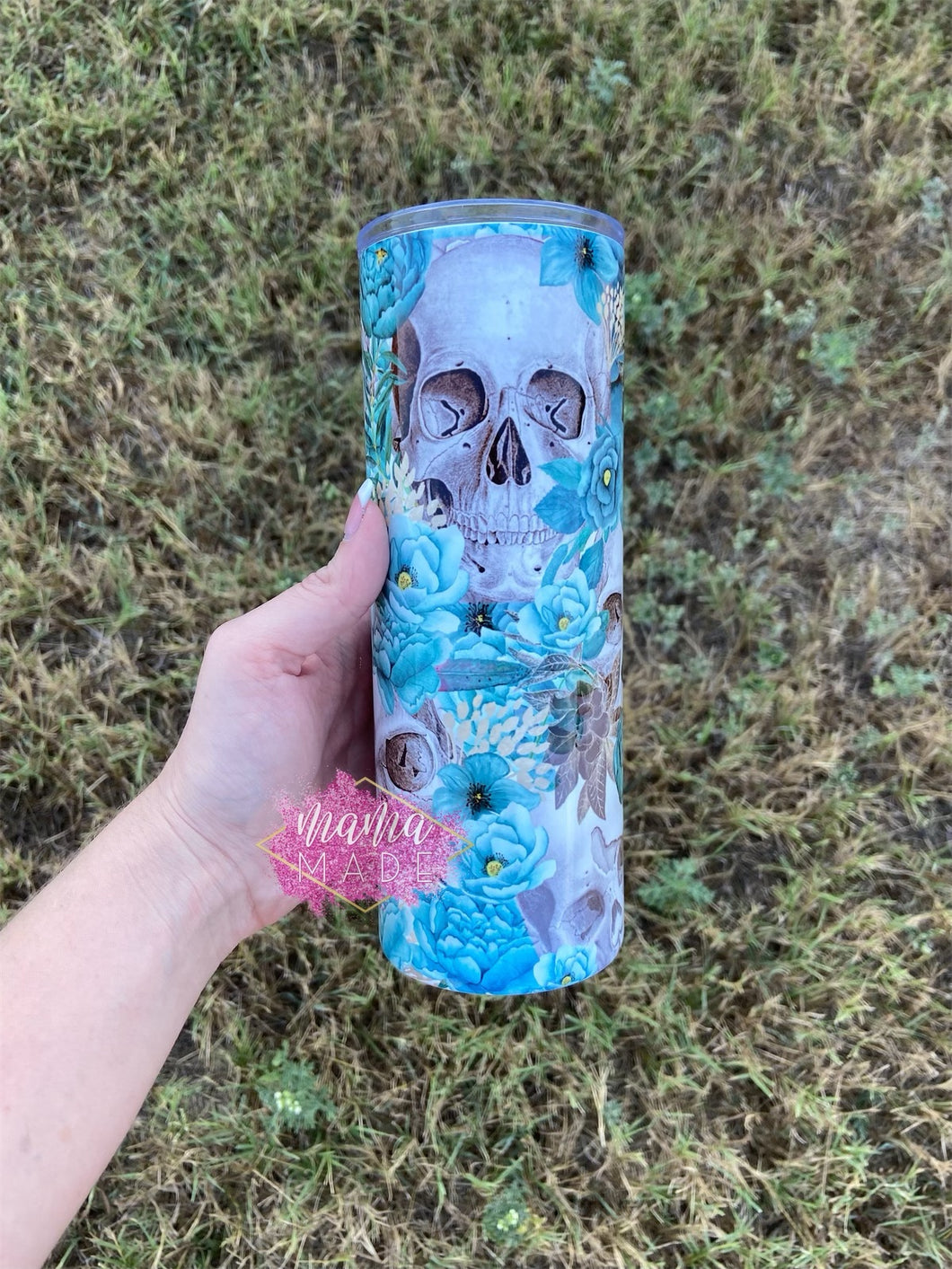 Teal Flower Skull Sublimation Tumbler